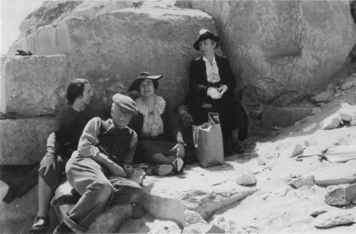 A pre-ARCE picnic at the Unas Pyramid in Saqqara, March 7, 1936. From left to right, Mary B. Reisner (Reisner's daughter), Joseph and Corinna Smith, and Mary Putnam Bronson Reisner (Reisner's wife)